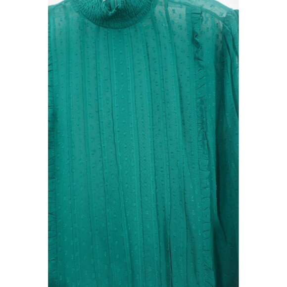 Farm Rio Emerald Green Ruffled Boho Blouse Swiss Dot Semi Sheer Mock Neck Size L - Picture 13 of 15